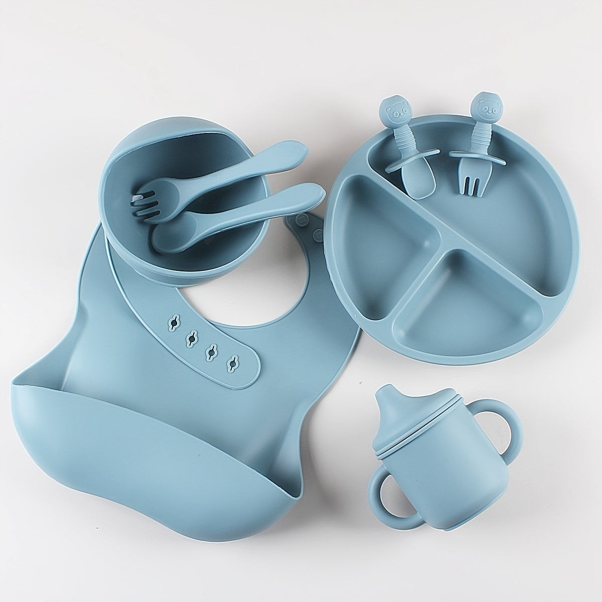 8pcs Silicone Baby Feeding Set Divided Plate Bowl Spoon Fork Bib Learning Cup for Toddlers