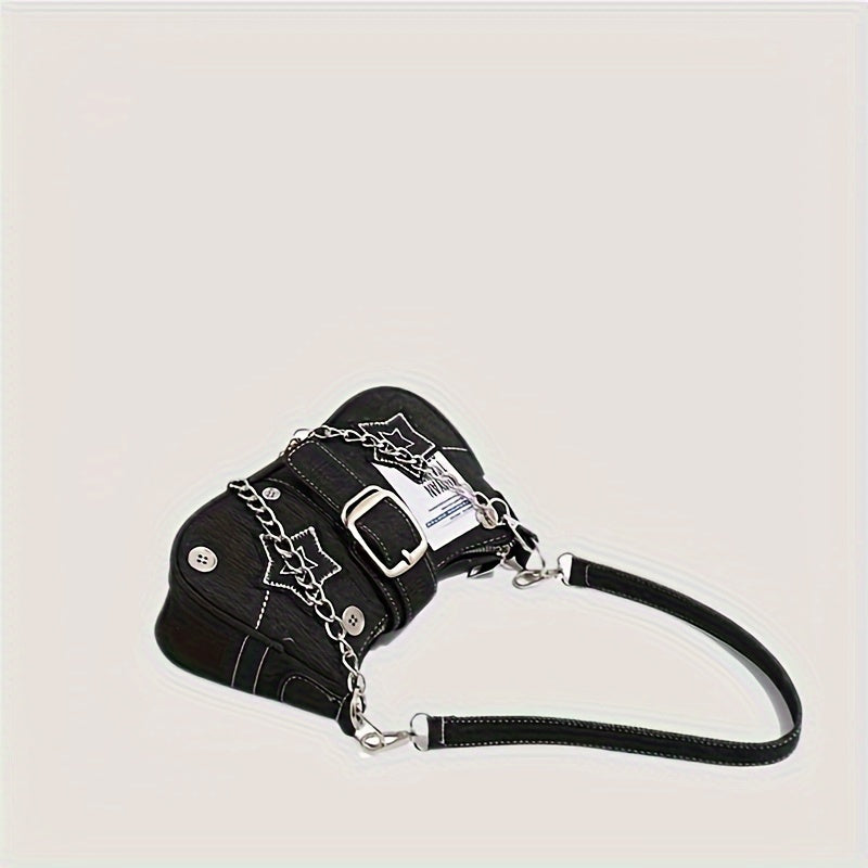 Denim Shoulder Bag with Star Pattern Moon Shape Chain Strap Zipper Closure