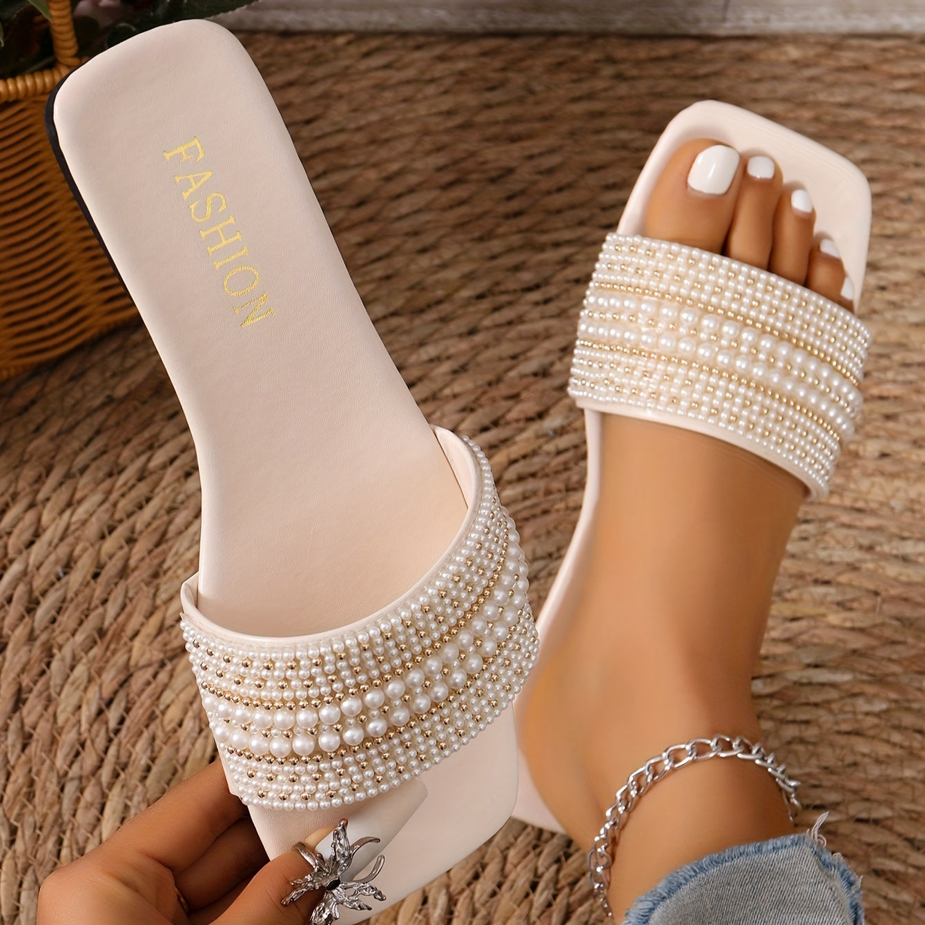 Women's Slip-On Rhinestone Sandals Open-Toe Cushioned Insole Black White Brown