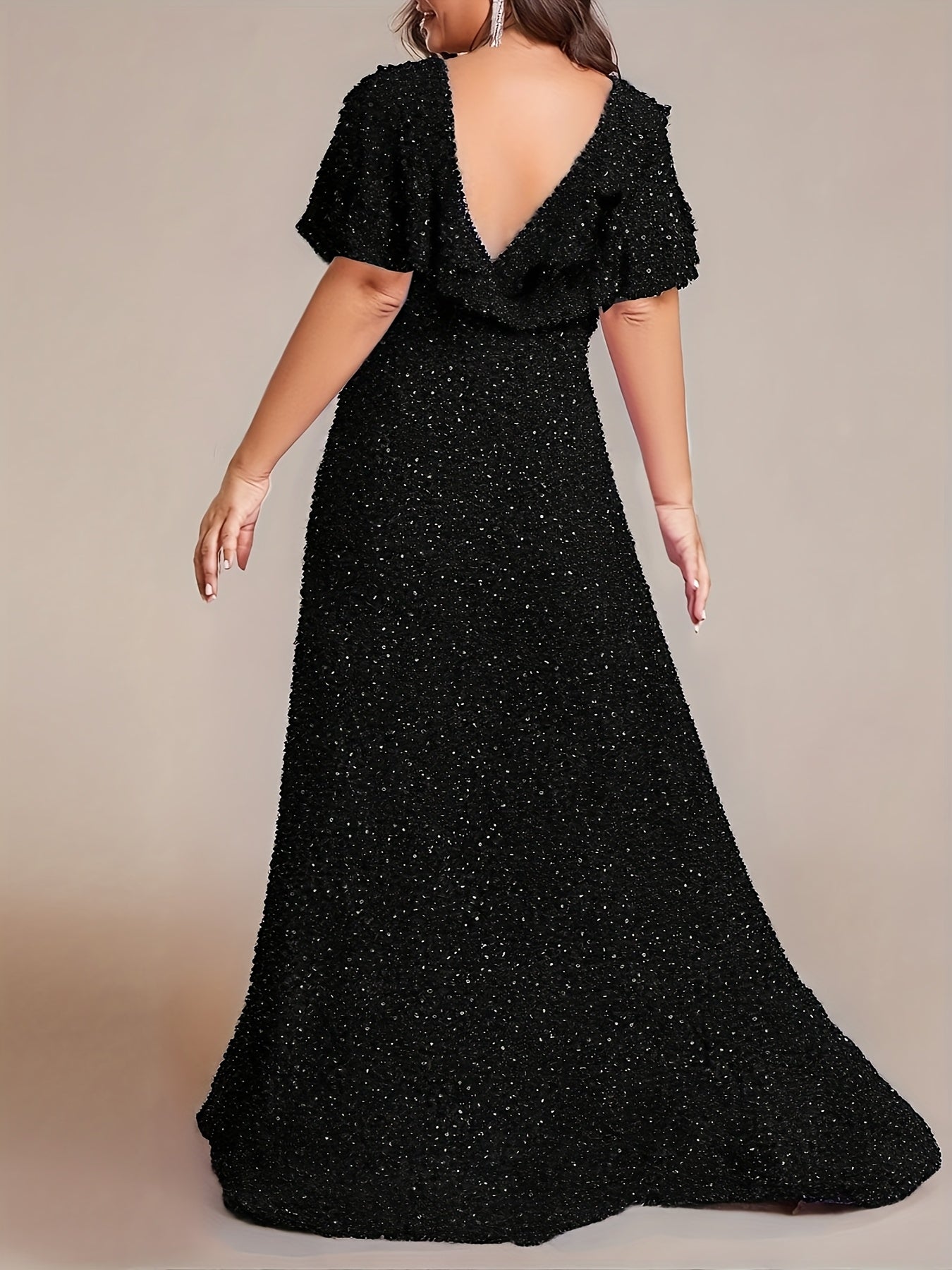 Plus Size Sequin Gown Woman V-Neck Short Sleeve Floor Length Party Dress