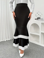 Plus Size Women Black White Striped Ruched Waist Mermaid Skirt Midi Solid Color