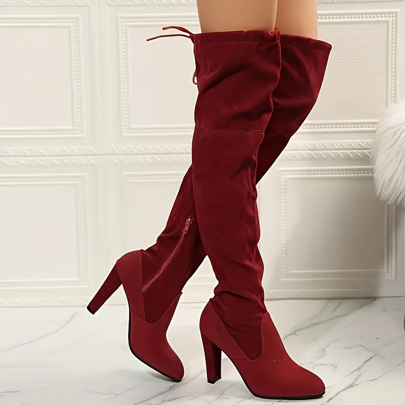 Women's Velvet Over-the-Knee Boots with Chunky Heel and Zipper