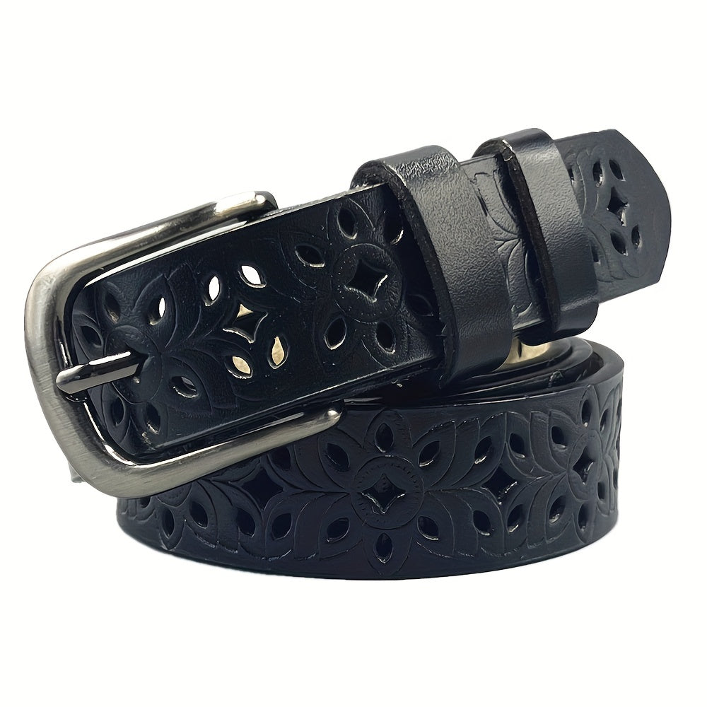 Women's Boho Floral Belt with Hollow Out Buckle and Solid Color Waistband for Jeans or Girdle