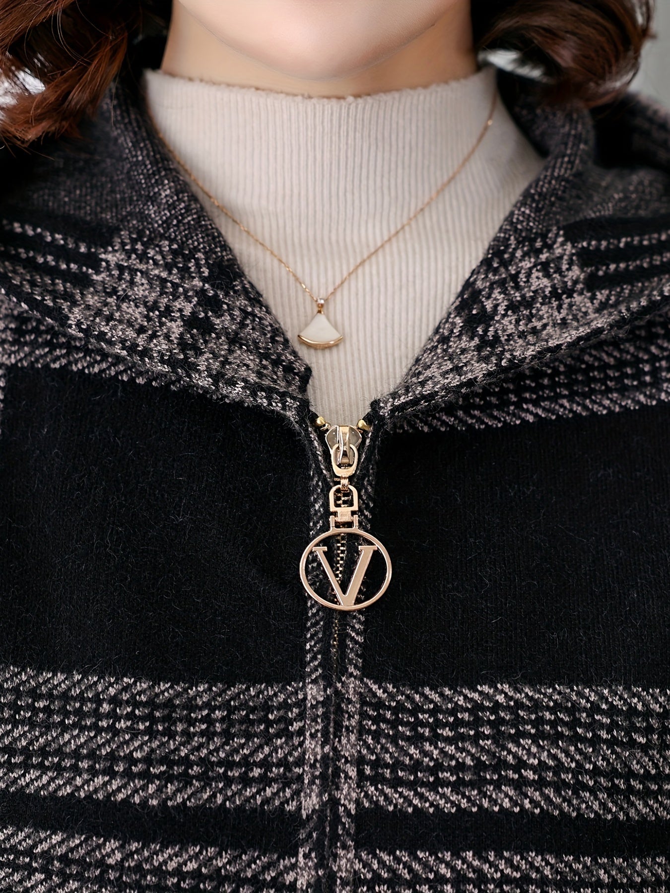 Women's Casual Plaid Hoodie Jacket Long Sleeve Spring Fall Black White Polyester Blend Loose Fit