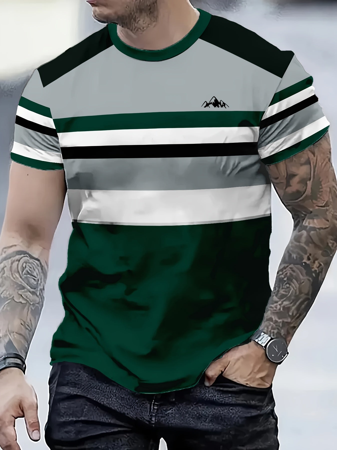 Camiseta de manga larga para hombre de poliéster a rayas, ajuste regular, para todas las estaciones, verde y blanca