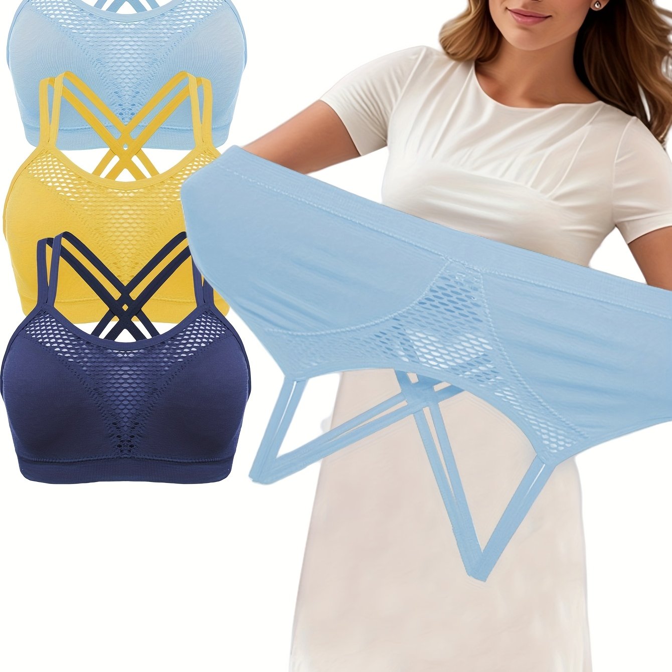 Women's Plus Size Seamless Wireless Sports Bra 3 Pack Breathable Hollow Design