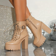 Women's Ankle Boots Round Toe Solid Color Fabric Lining Platform Heel