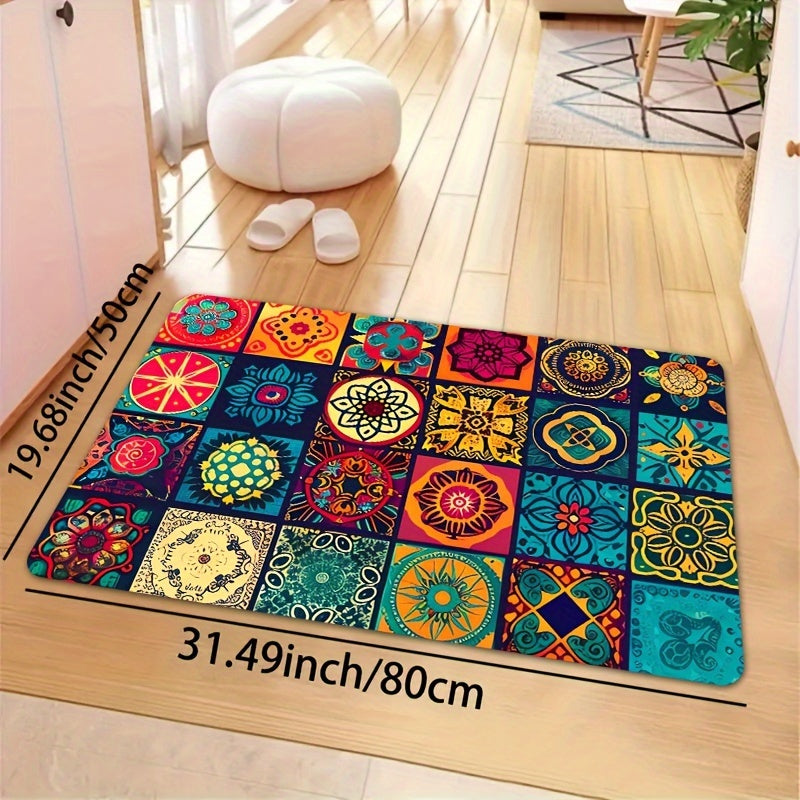 Bohemian Square Floor Mat Non-Slip 8mm Thick Polyester Indoor Outdoor