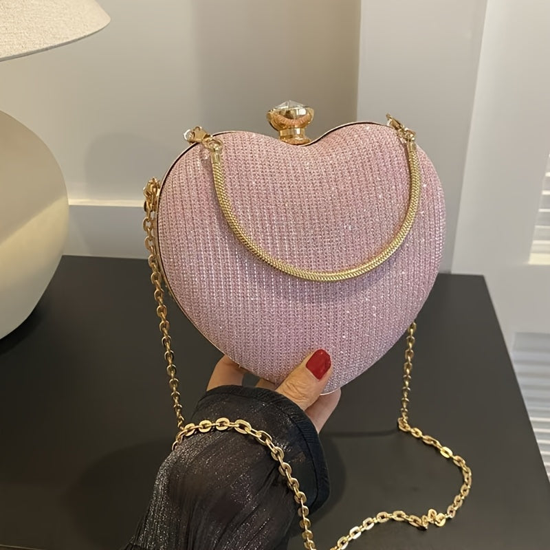 Ayollar uchun zamonaviy qora kesma sumka, porloq zanjir, yurak shakli, metall bezaklar, tugmachali yopiq, partiya, to'y, uchrashuv uchun.