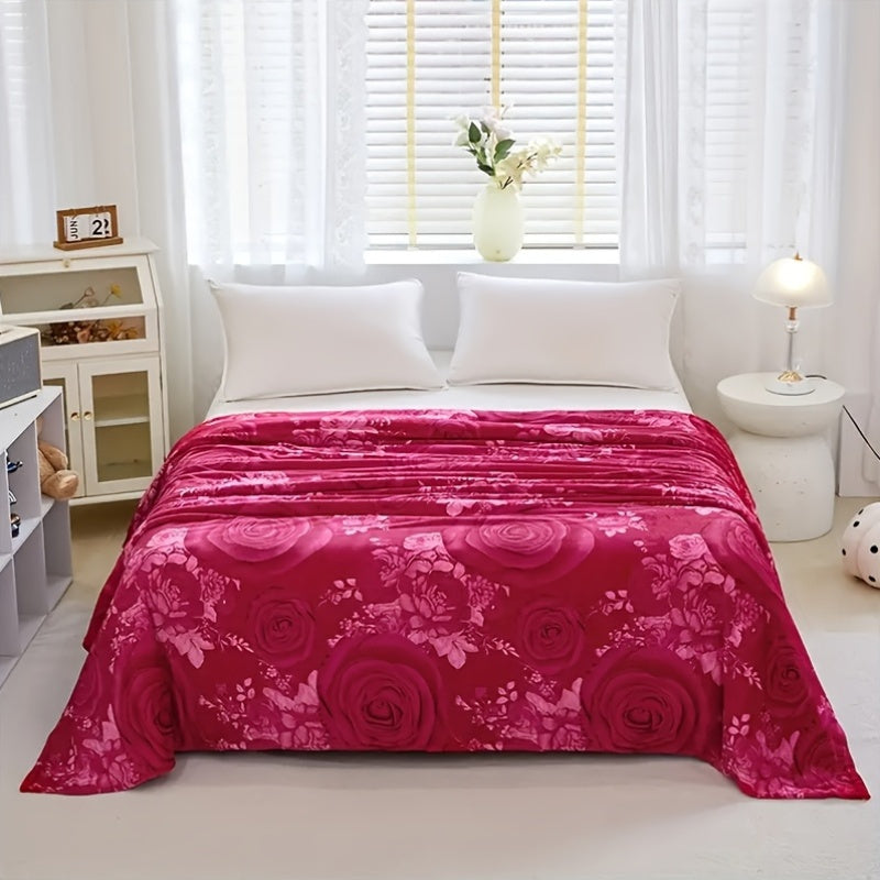 Red Flannel Bed Blanket with Woven Peony Pattern Polyester All-Season Comfort