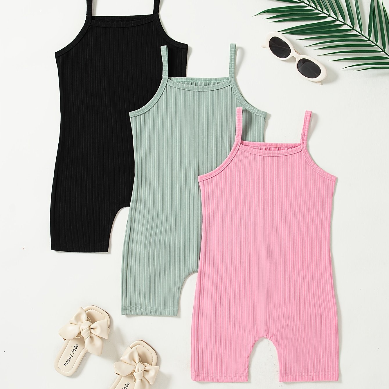 Летний комбинезон с рифлёной бретелью для девочек, 3 шт., однотонные цвета, повседневный уличный стиль