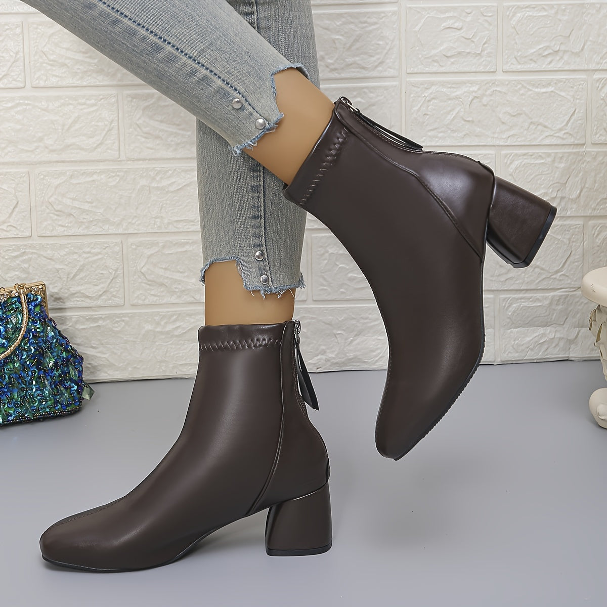 Women's Chunky Heel Ankle Boots Solid Color Back Zipper Rubber PU