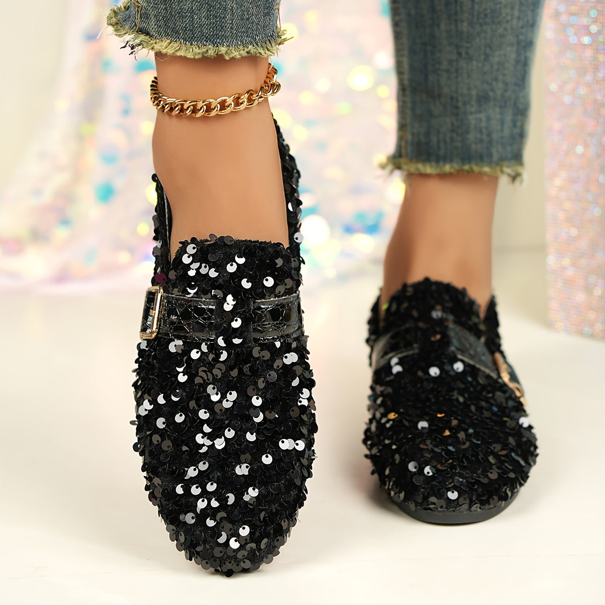Women's Sequin Embellished Mary Jane Flats Casual Round Toe Slip-On All-Season Comfort
