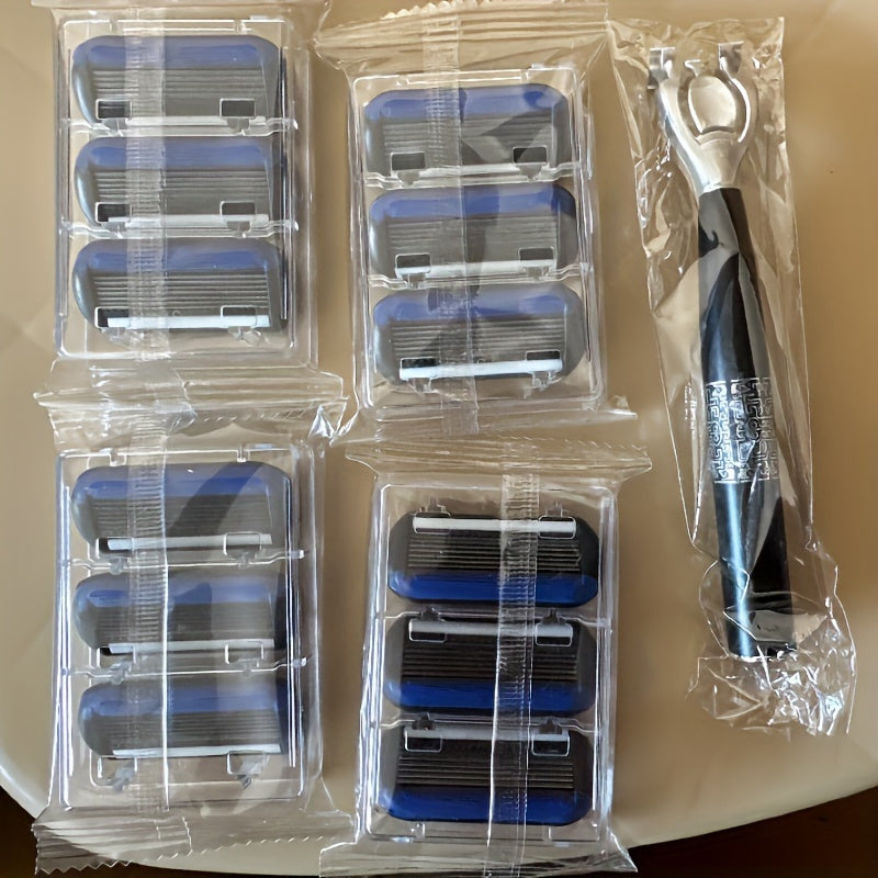 Men's 7-Layer Stainless Steel Razor Set with 12 Cartridges and Handle