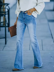 Women's High-Stretch Flared Jeans Mid-Rise Bell Bottom Denim with Frayed Hem