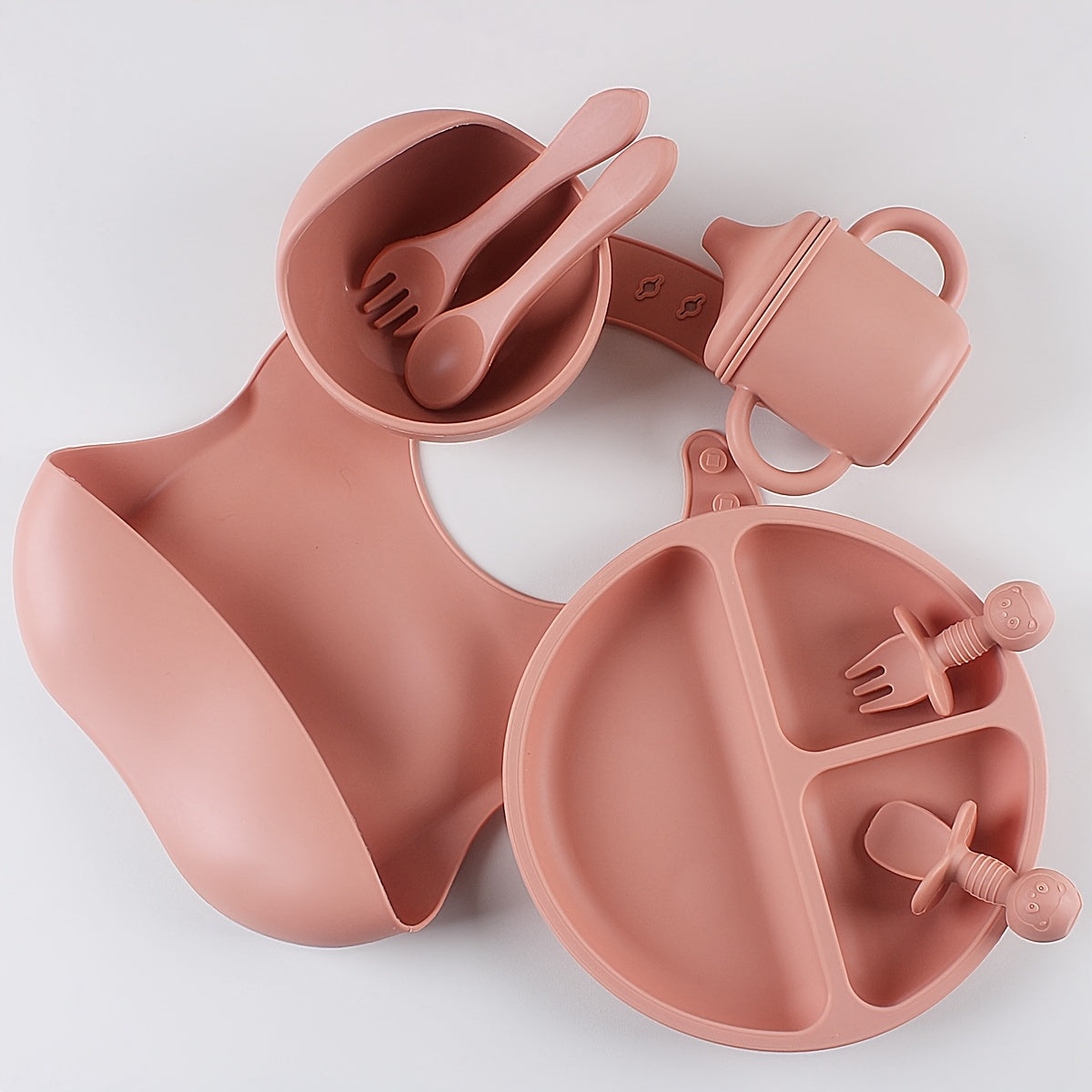 8pcs Silicone Baby Feeding Set Divided Plate Bowl Spoon Fork Bib Learning Cup for Toddlers