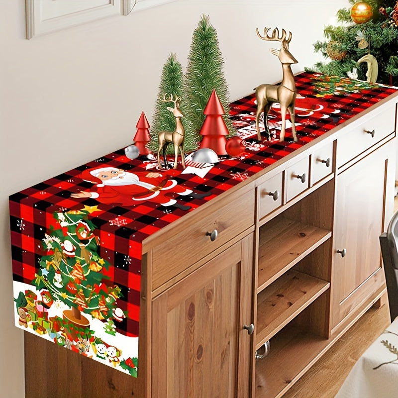 Polyester Christmas Table Runner with Santa Claus and Reindeer Design for Holiday Decor