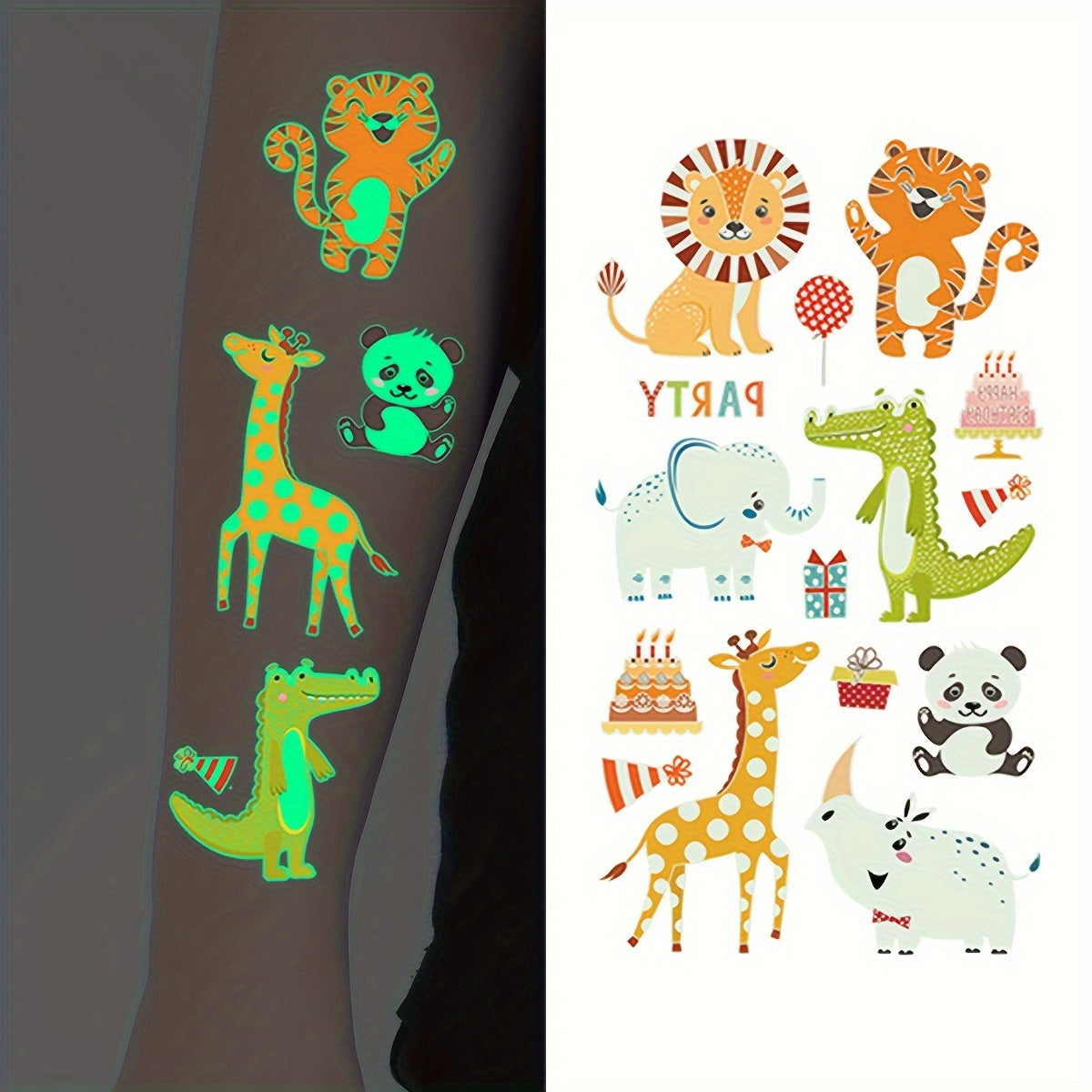 68-Pack Glow in the Dark Temporary Tattoos for Kids Animal Series Waterproof Stickers