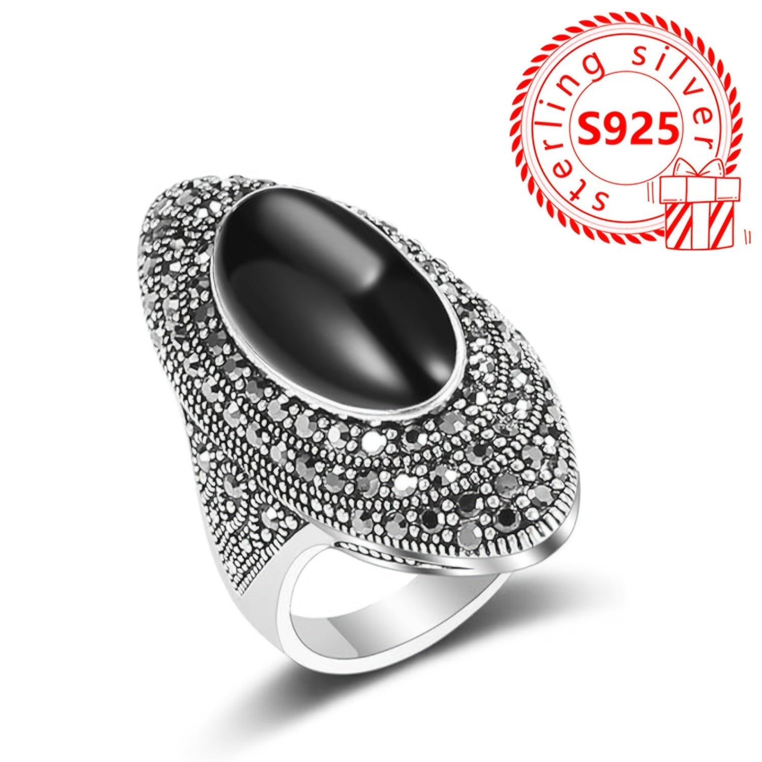 Women's Silver Ring with Black Agate Stone Inlay, Retro Style, 8.1g