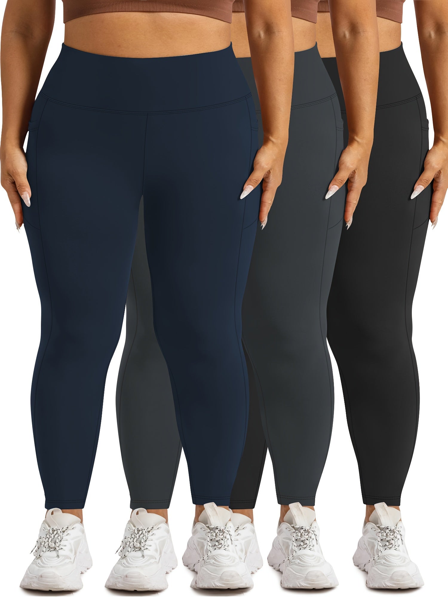 Women Plus Size High Waist Tummy Control Yoga Leggings with Pockets Black Blue Pink