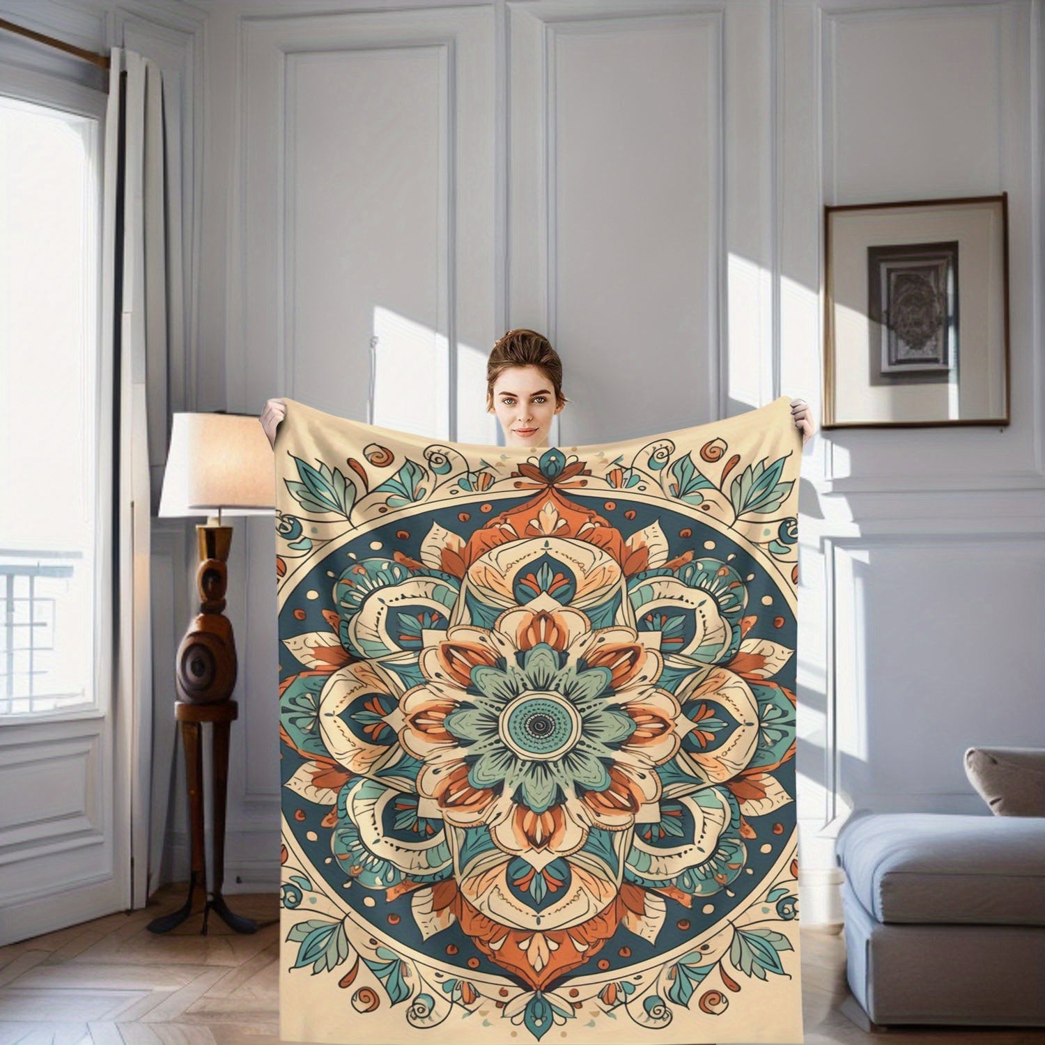 Manta de felpa con patrón de mandala estilo bohemio y colores vibrantes para todas las estaciones