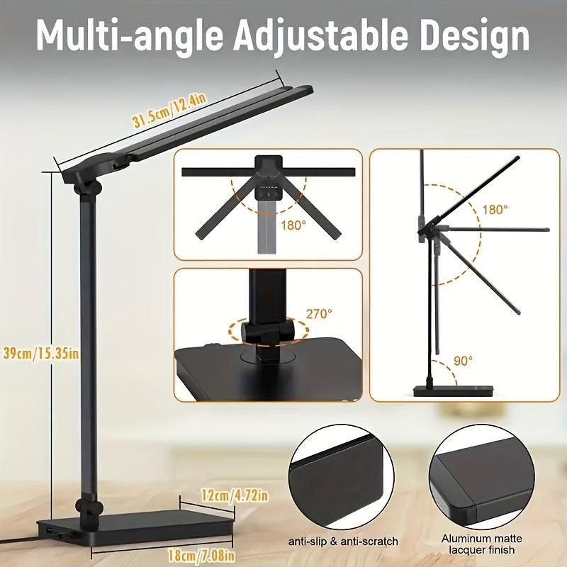 Adjustable Dual Swing Arm LED Desk Lamp with Touch Control Eye-Caring Bright Light USB Powered Black