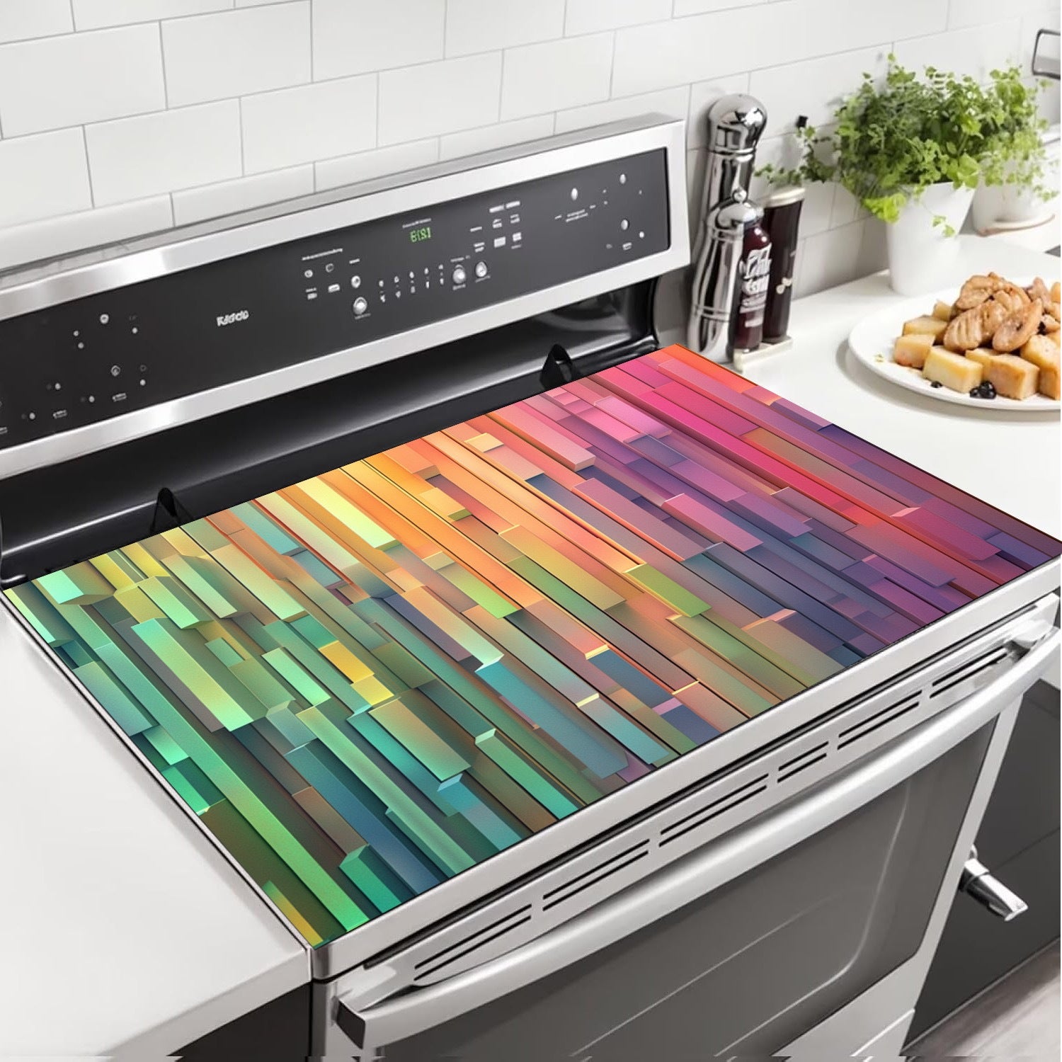 Qattiq, issiqka chidamli g'ovakli kauchuk pechka mato, kamalak naqsh bilan. Chizishlarga, yog' va dog'larga qarshi. Qayta ishlatiladigan, idish-tovoq mashinasida tozalash mumkin va yorqin oshxona dekoratsiyasi.