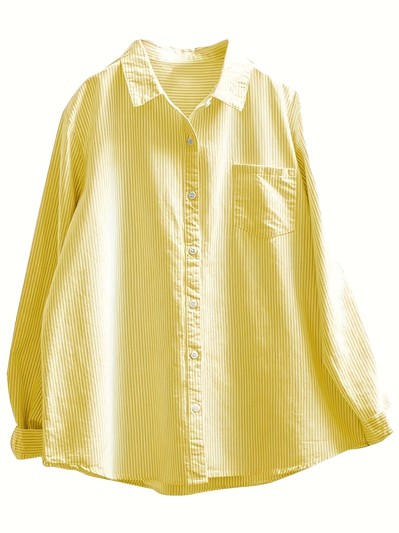 Plus Size Women's Striped Loose Fit Shirt Long Sleeve Button-Up Green White Vertical