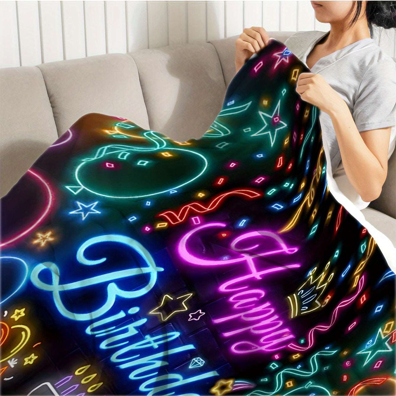 Flannel Throw Blanket for Couch Bed or Travel Digital Knitted Print Lightweight All-Season Warmth
