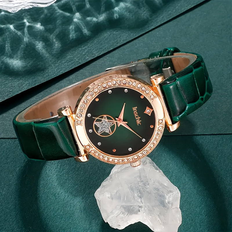 Green Quartz Watches with PU Leather Straps Zinc Alloy Dials Jewelry Gifts for Mother's Day Easter Ramadan Eid