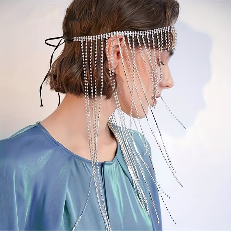 Women’s Retro Headband with Rhinestone Tassels Elastic Alloy Hair Accessory