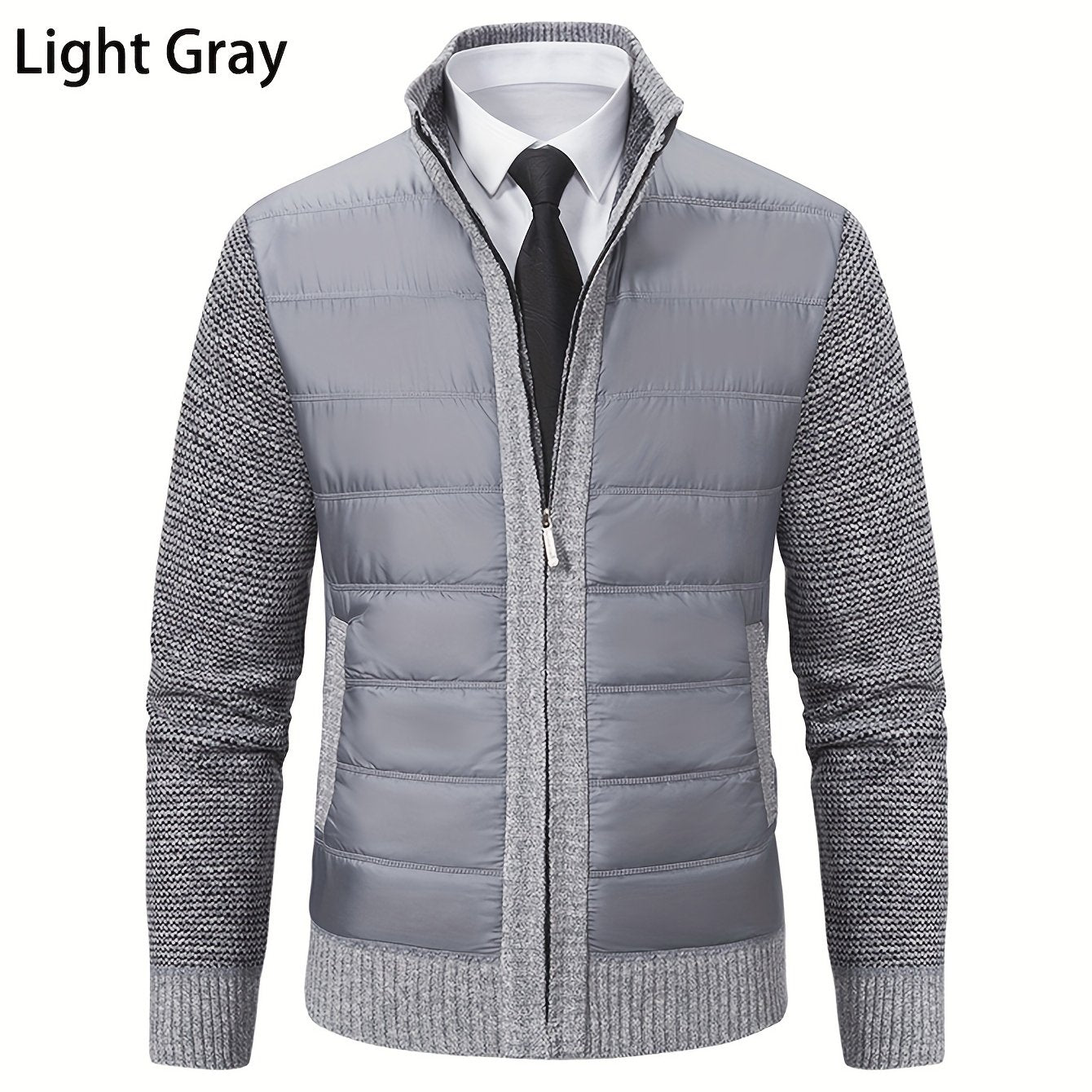 Men's Light Gray Polyester Casual Knit Jacket with Mandarin Collar for Hiking and Outdoor Activities