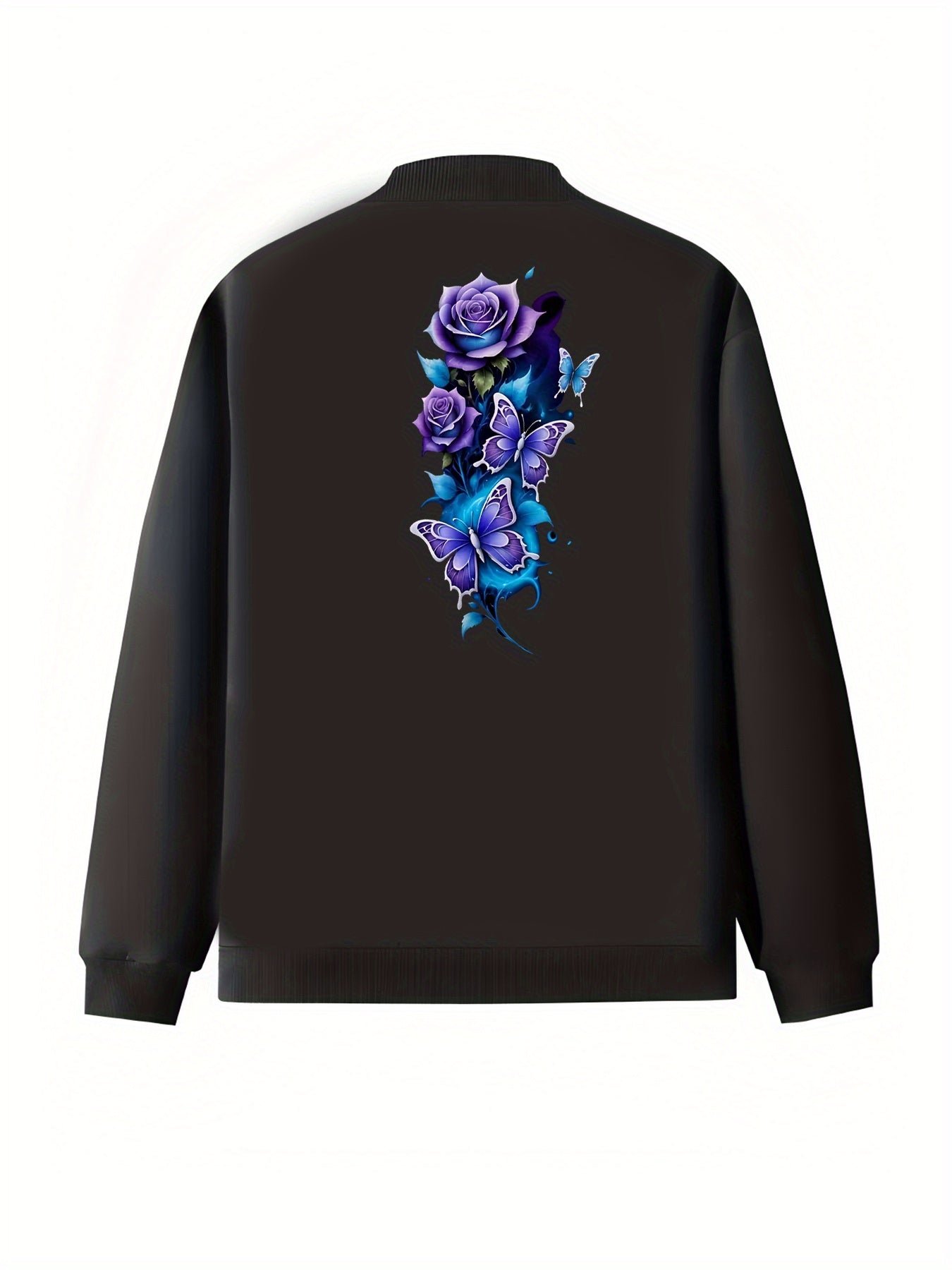 Plus Size Women's Black Floral Butterfly Print Casual Jacket with Pockets