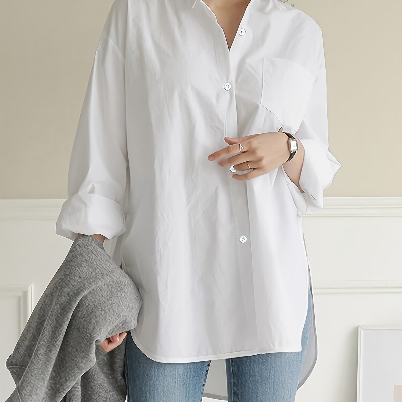 Women's White Cotton Long Sleeve Button-Up Office Shirt Loose Fit for Work or Casual