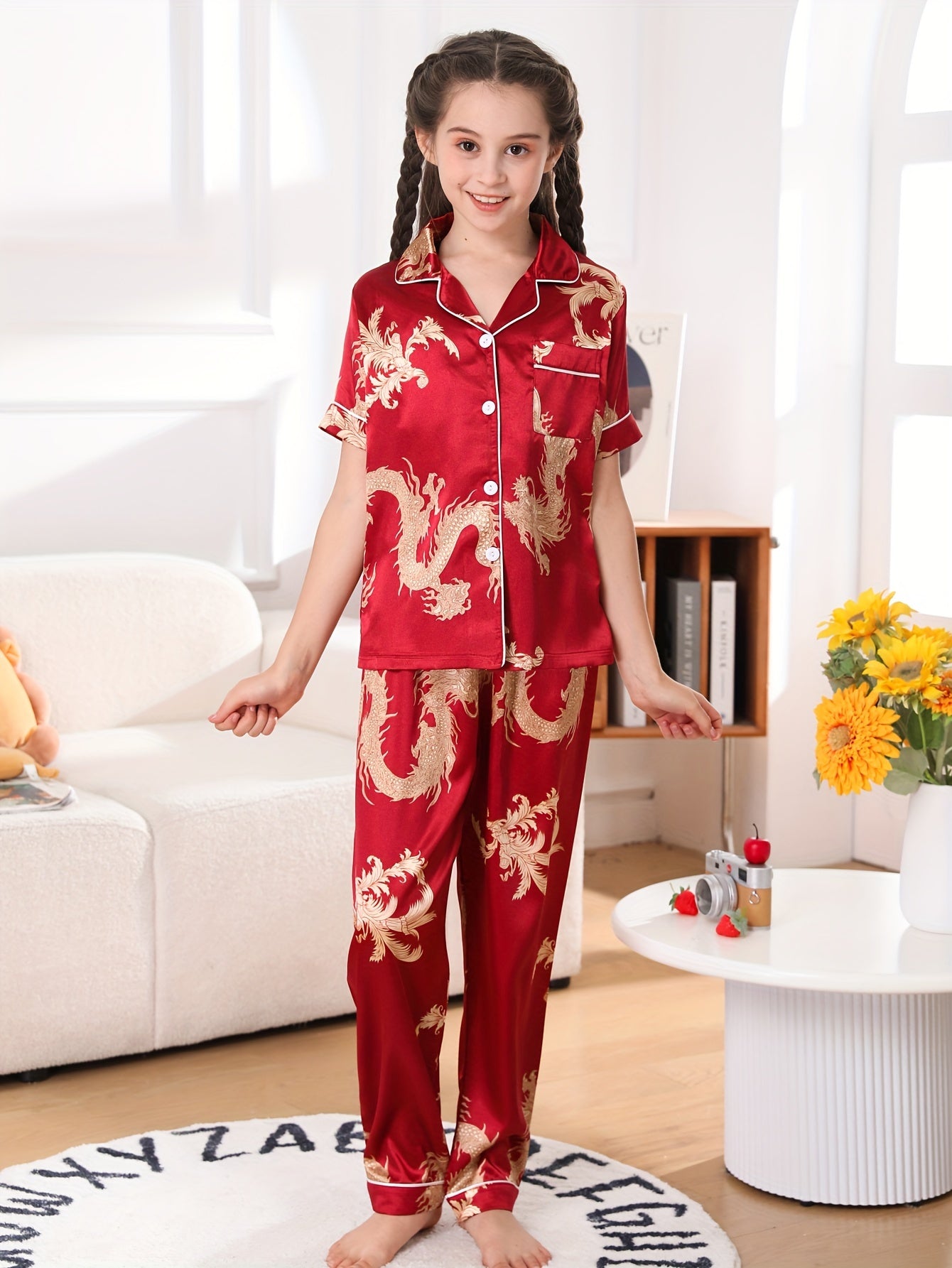 Girls' Dragon Print Pajama Set Woven Polyester Casual Spring Summer