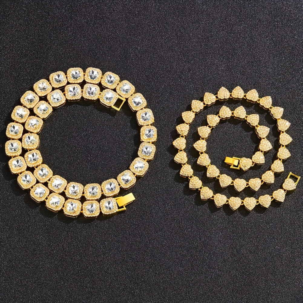 Two Pieces Hip Hop Ice Heart-Shaped Rock Candy Necklaces with Cuban Chain Punk Jewelry for Men Women