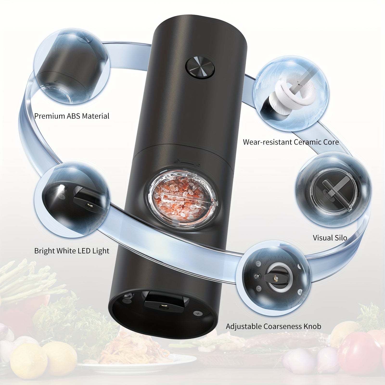 Electric Pepper and Sea Salt Grinder Set 1/2pcs Adjustable Coarseness Battery Operated