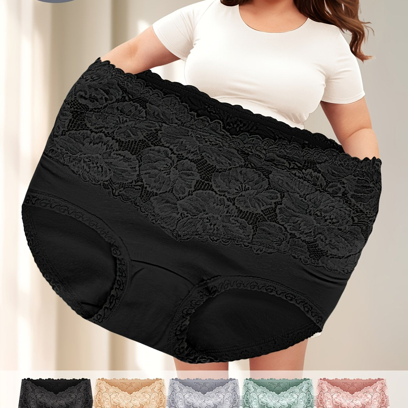 Plus-Size High-Waist Tummy Control Panties with Lace Trim and Butt Lift 5 Pack