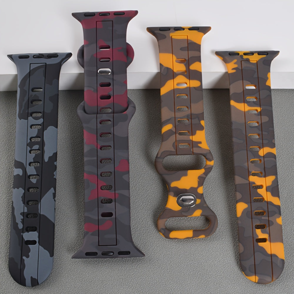 Ko'p rangli kamuflyaj silikondan yasalgan sport tasmasi IWatch Series 9-1 SE uchun, suv o'tkazmaydigan, terga chidamli, qulay, mustahkam, metall sozlash teshigi bilan, kapalak dumiga o'xshash dizayn.