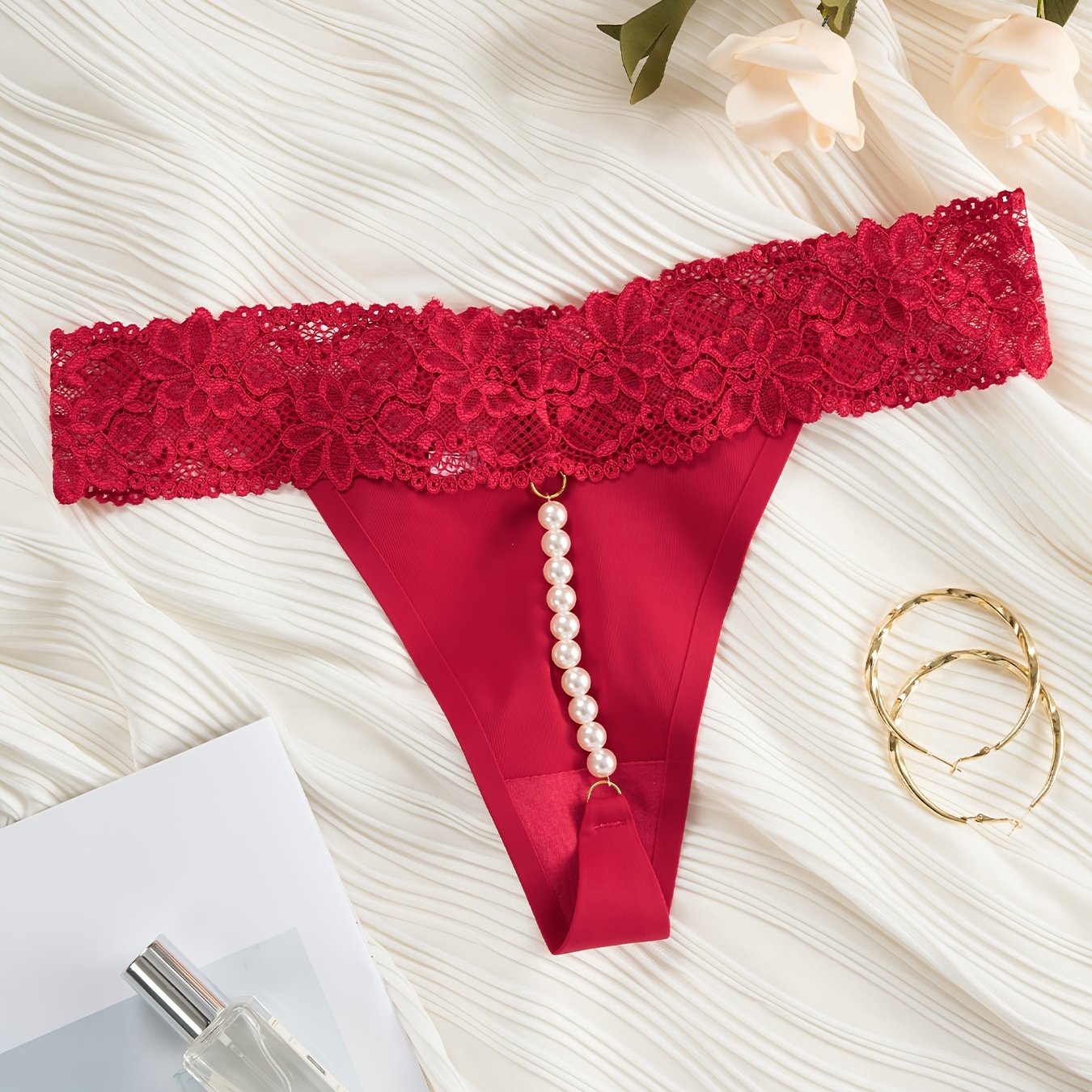 Women's Lace Thong with Pearl Chain Detail Underwear