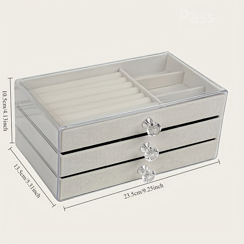 Acrylic Jewelry Storage Box with 3 Drawers and Crystal Knobs for Earrings Rings Necklaces and Bracelets