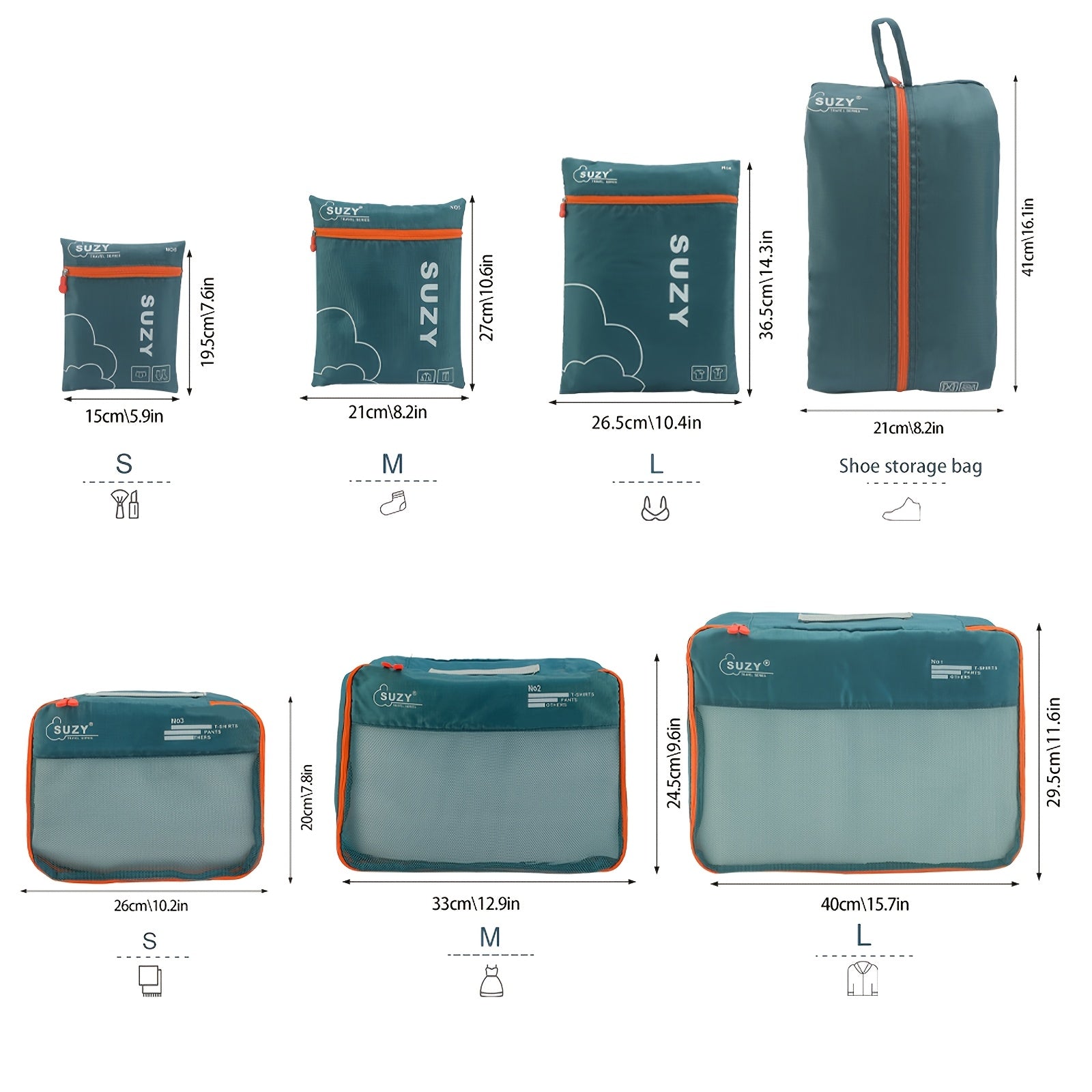 7-Piece Navy Blue Polyester Packing Cubes with Orange Accents for Travel Luggage Storage