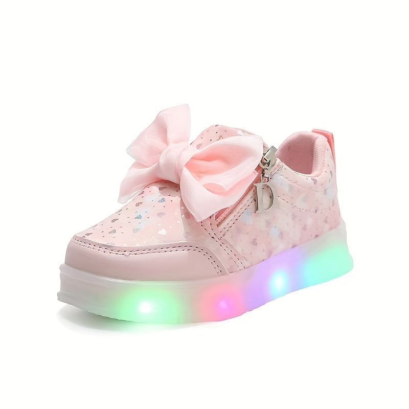 Girls' LED Fashion Sneakers with Heart Pattern and Bow, Low Top, All-Season