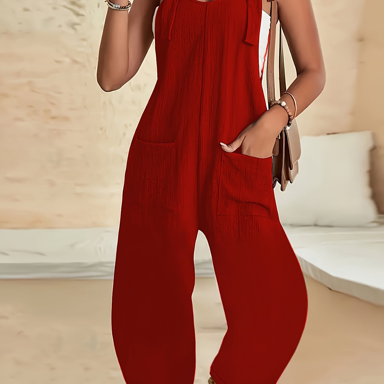 Mono de mujer con textura y nudo con bolsillos, sin mangas, casual, poliéster