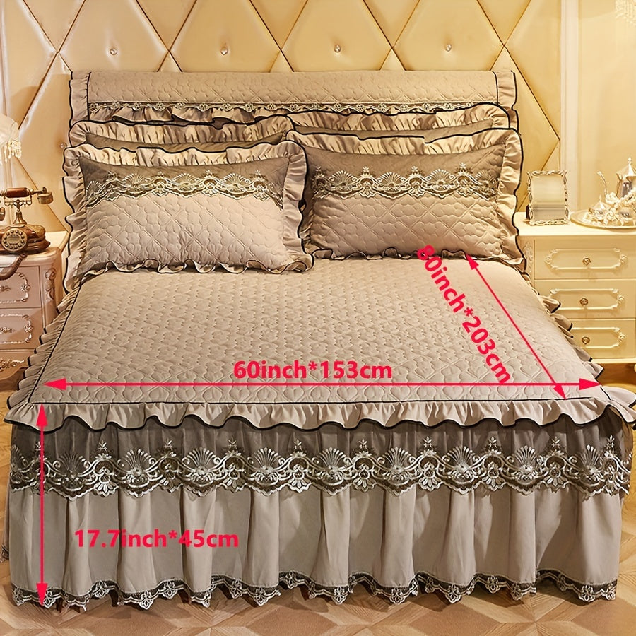 3-Piece Solid Color Quilted Love Quilt Set with Lace Bed Skirt and Pillowcases