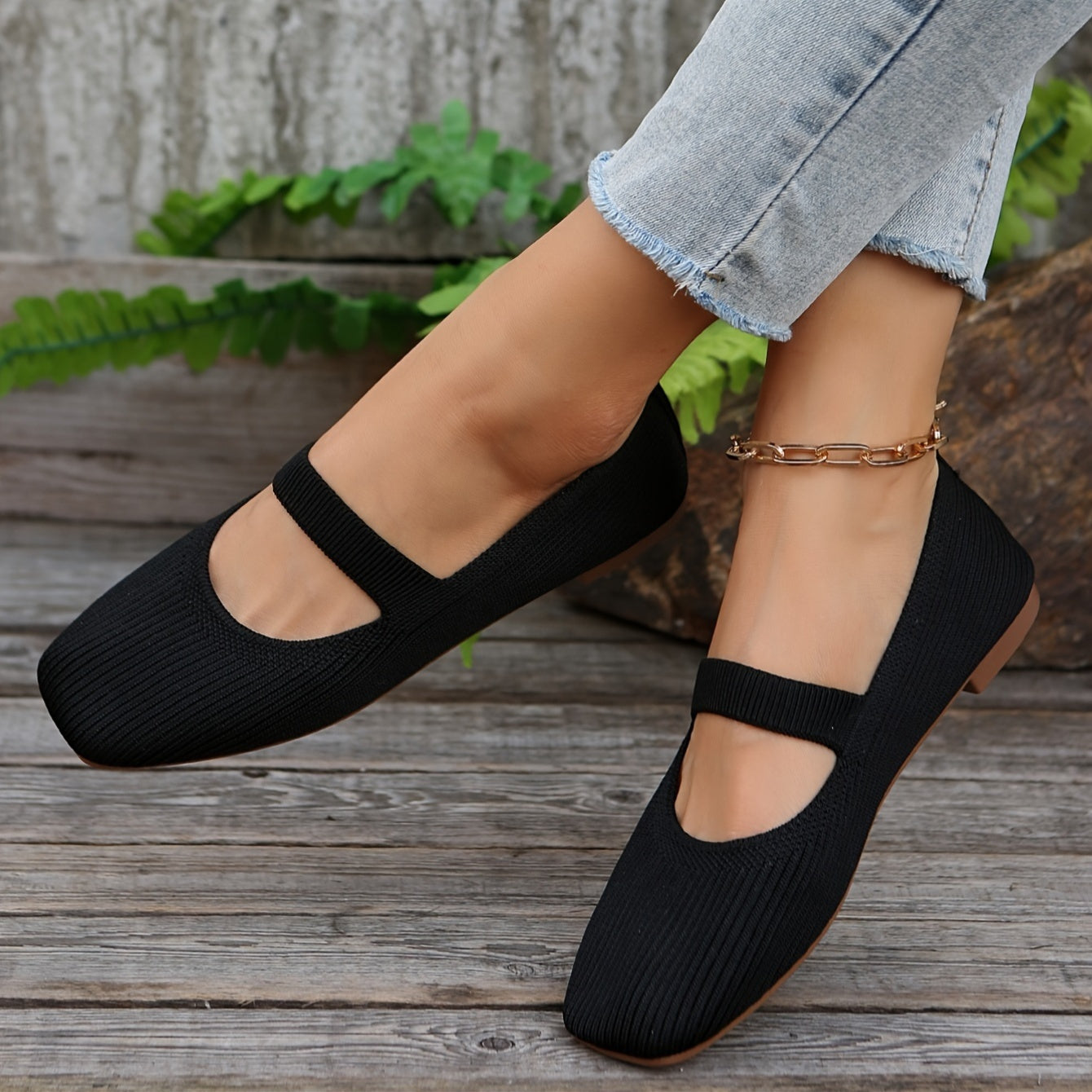 Women's Casual Knit Flats with Square Toe Fabric Upper Slip-On All-Season