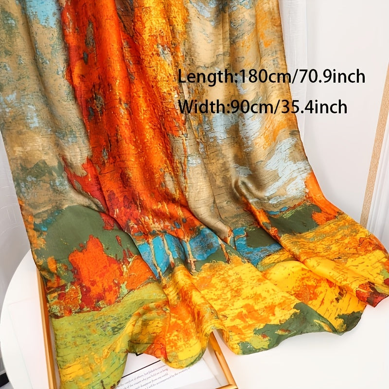 Women’s Satin Shawl with Retro Landscape Print Windproof Sun Protection Wrap