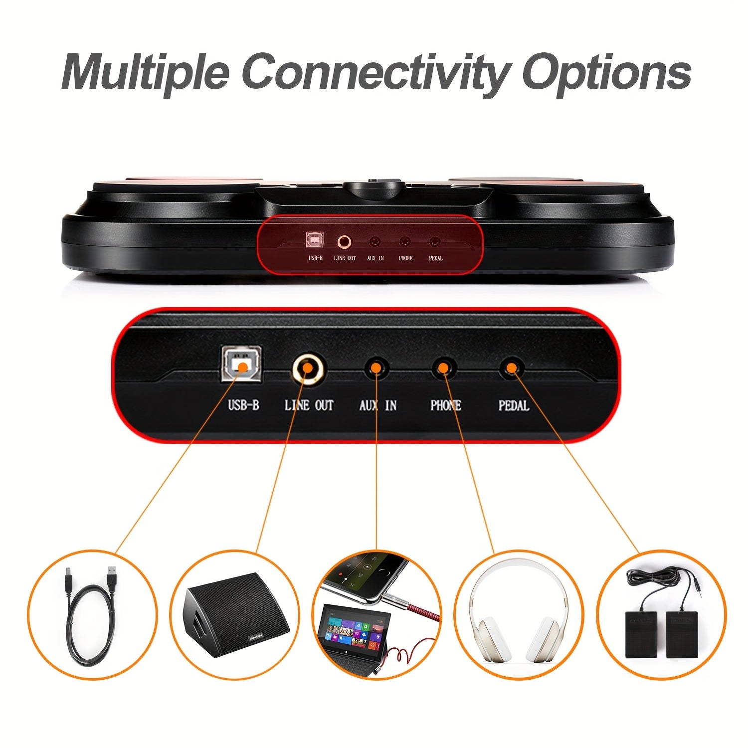 Portable Electronic Drums with Foot Pedal and Drumsticks Black 10H Playback USB Recording