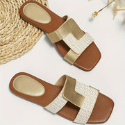 Women's Square-Toe Slide Sandals Two-Tone Gold and White Casual Summer