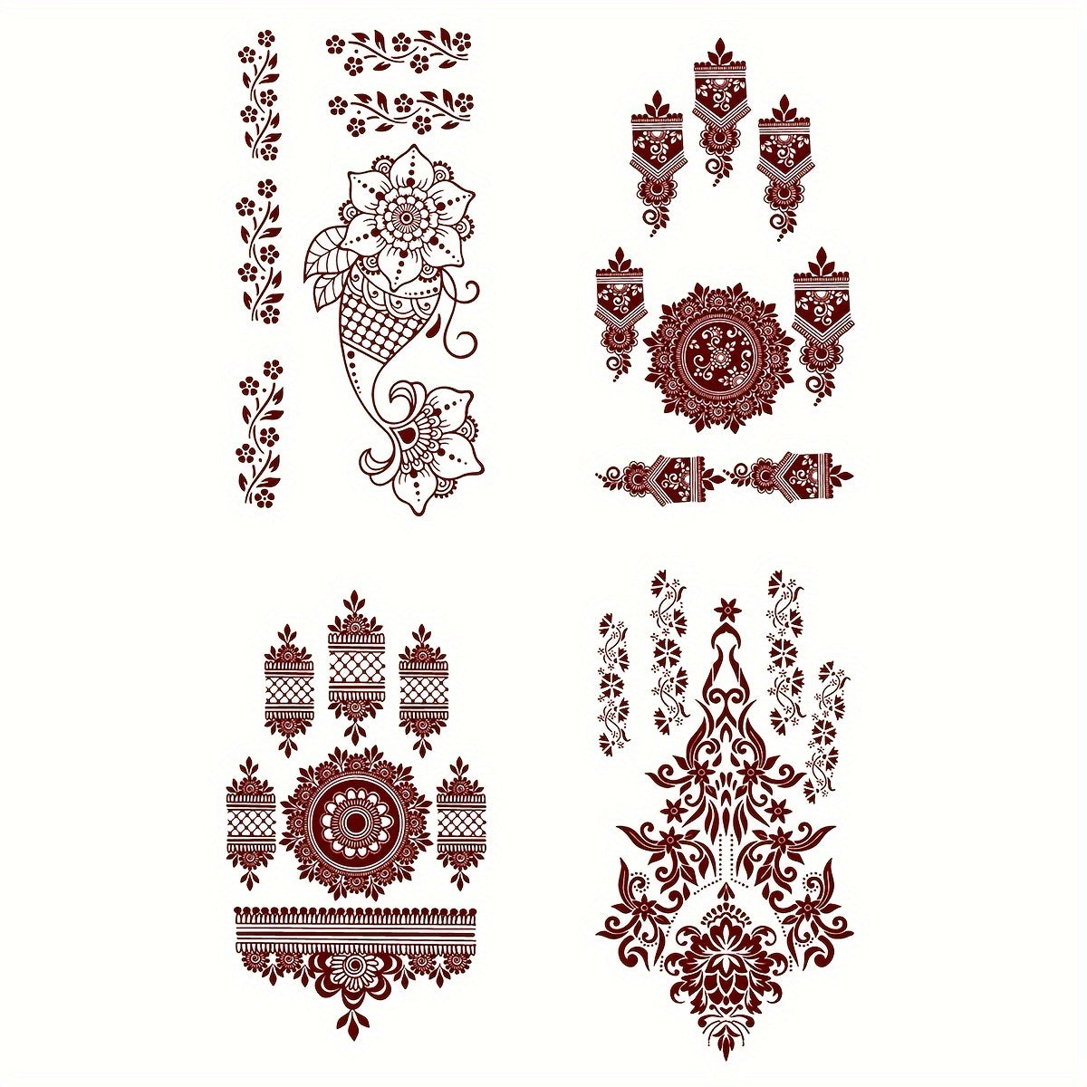 4-Pack Red Henna Lace Floral Pattern Temporary Tattoos for Hand and Body